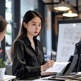 高柳家首席设计师陈若溪的工作照，专注于设计稿前，展现高柳家设计团队的专业精神